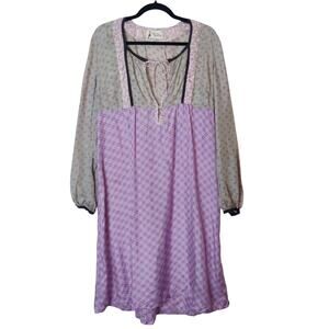 Noa Noa Sensitive Silk Mixed Print Bohemian Babydoll Peasant Dress Large Purple